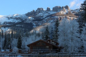 our cabin in morning snow